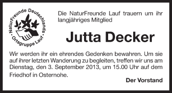 Traueranzeige von Jutta Decker von Pegnitz-Zeitung